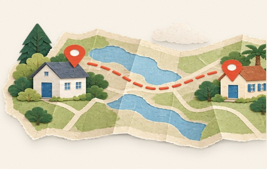 Paper-cut illustration of a folded map with a dotted route from one house to another