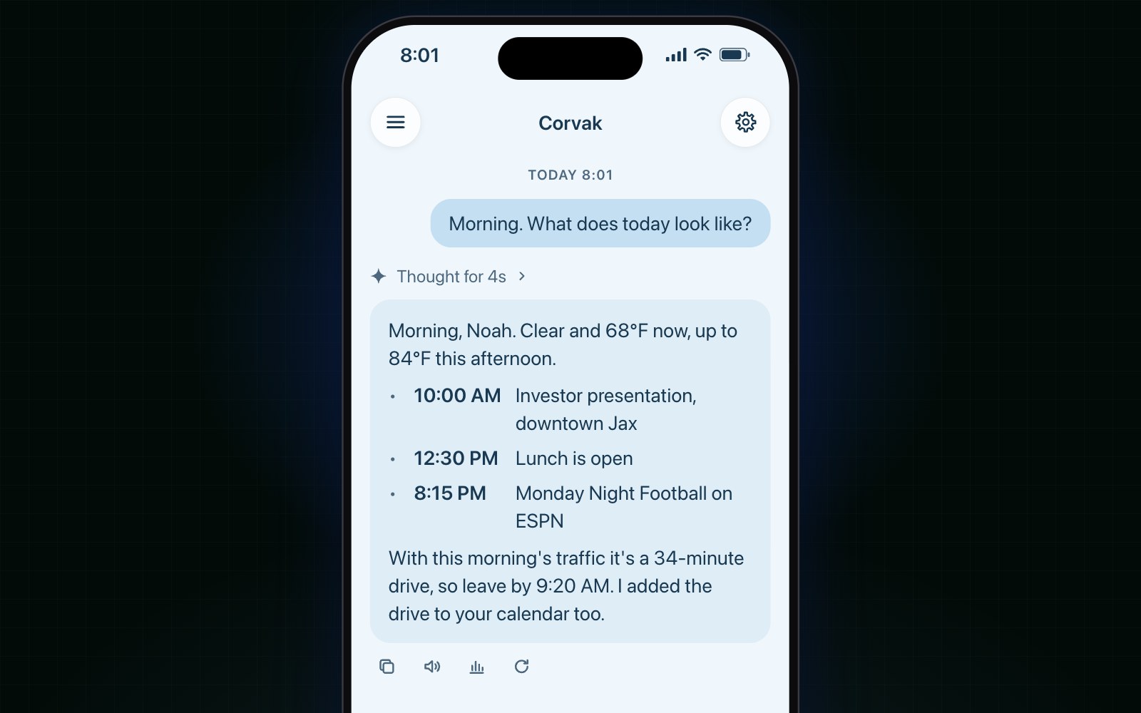 Illustration of the Corvak iPhone app, where Corvak answers a morning check-in with the weather, the day's plans and when to leave for an investor presentation