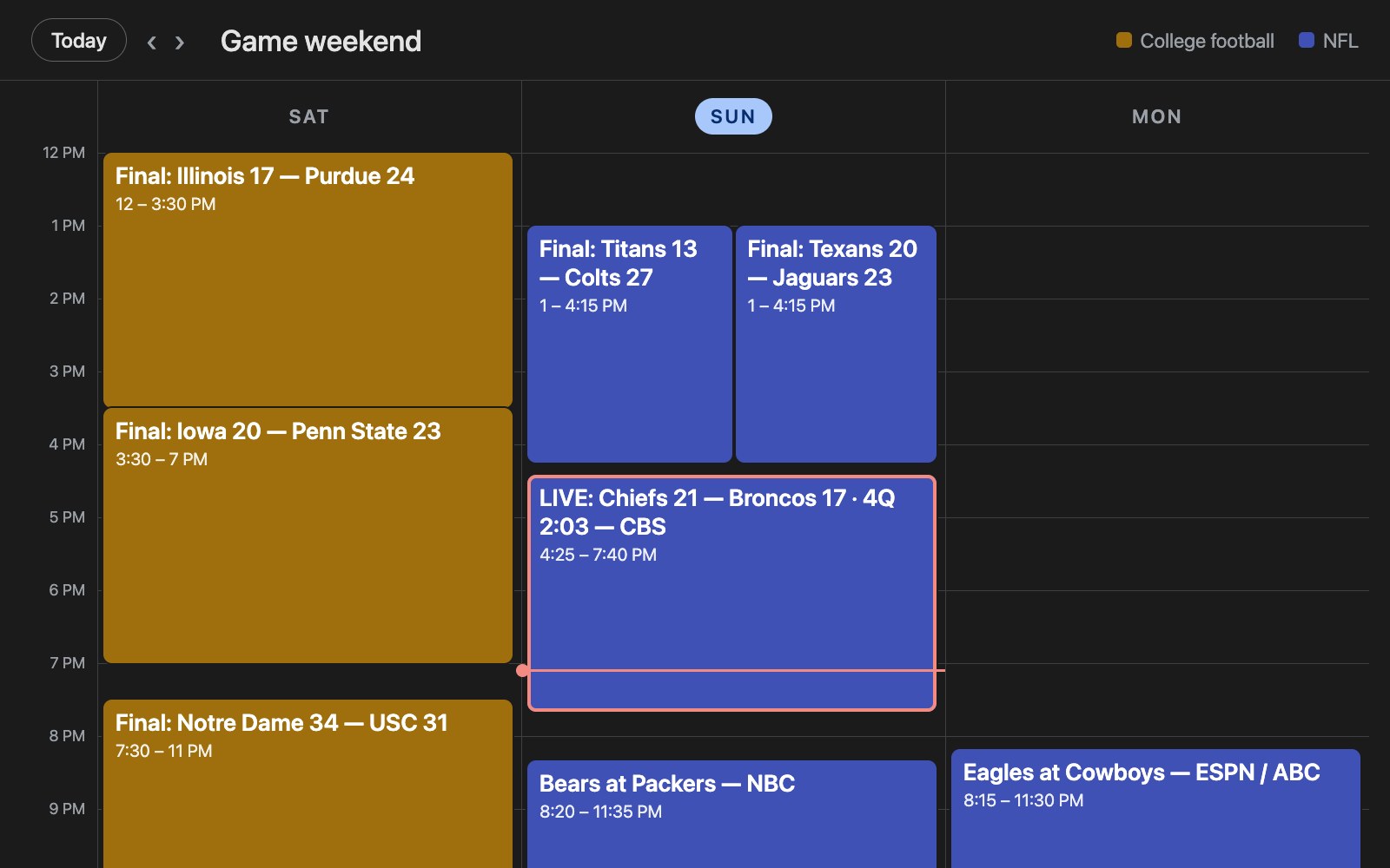 Illustration of a football weekend in a calendar, with final scores, a live score and upcoming kickoffs with TV networks