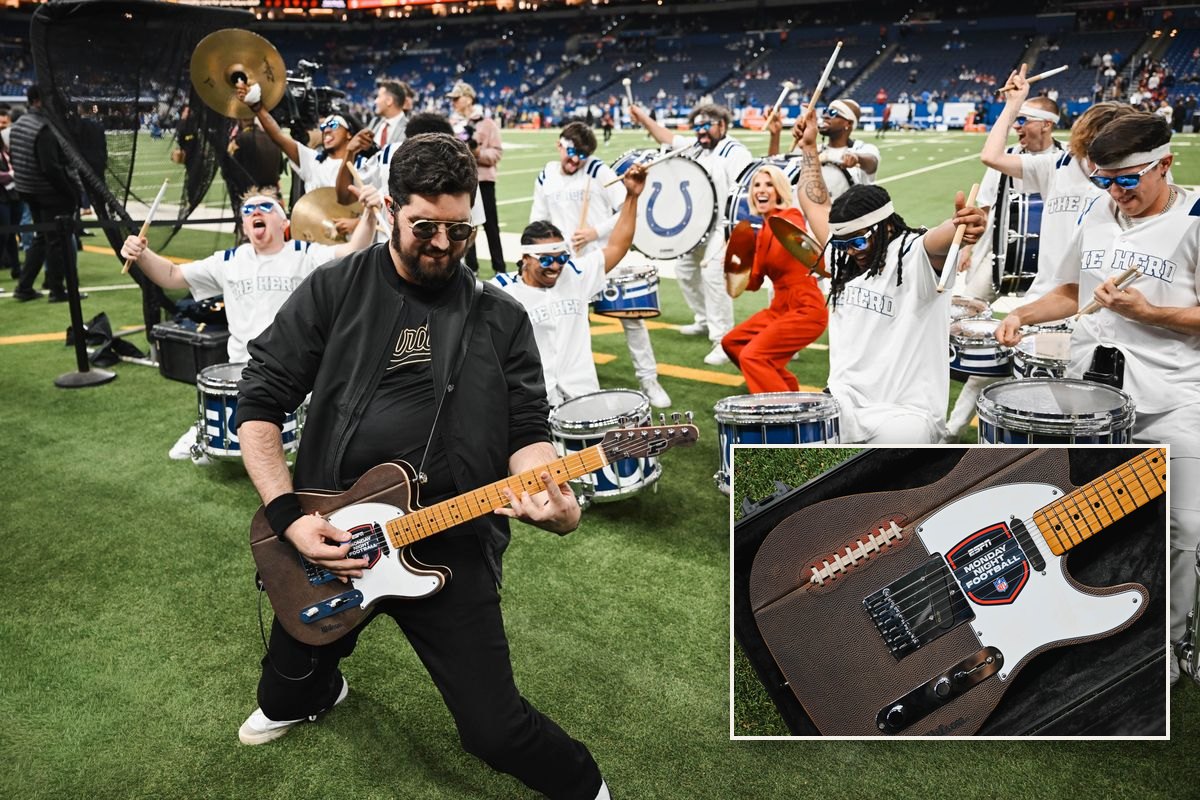 Noah Scott playing the football-leather guitar on the field with the Colts drumline, with an inset of the guitar in its case