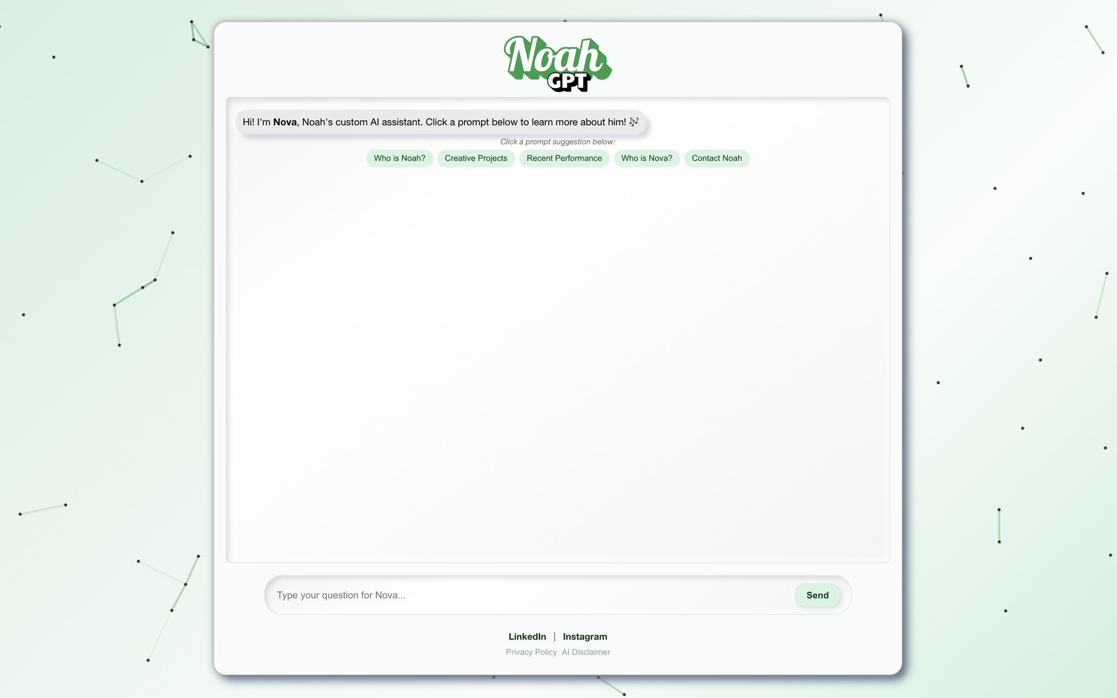The NoahGPT homepage, with Nova's greeting and prompt suggestions above a chat box